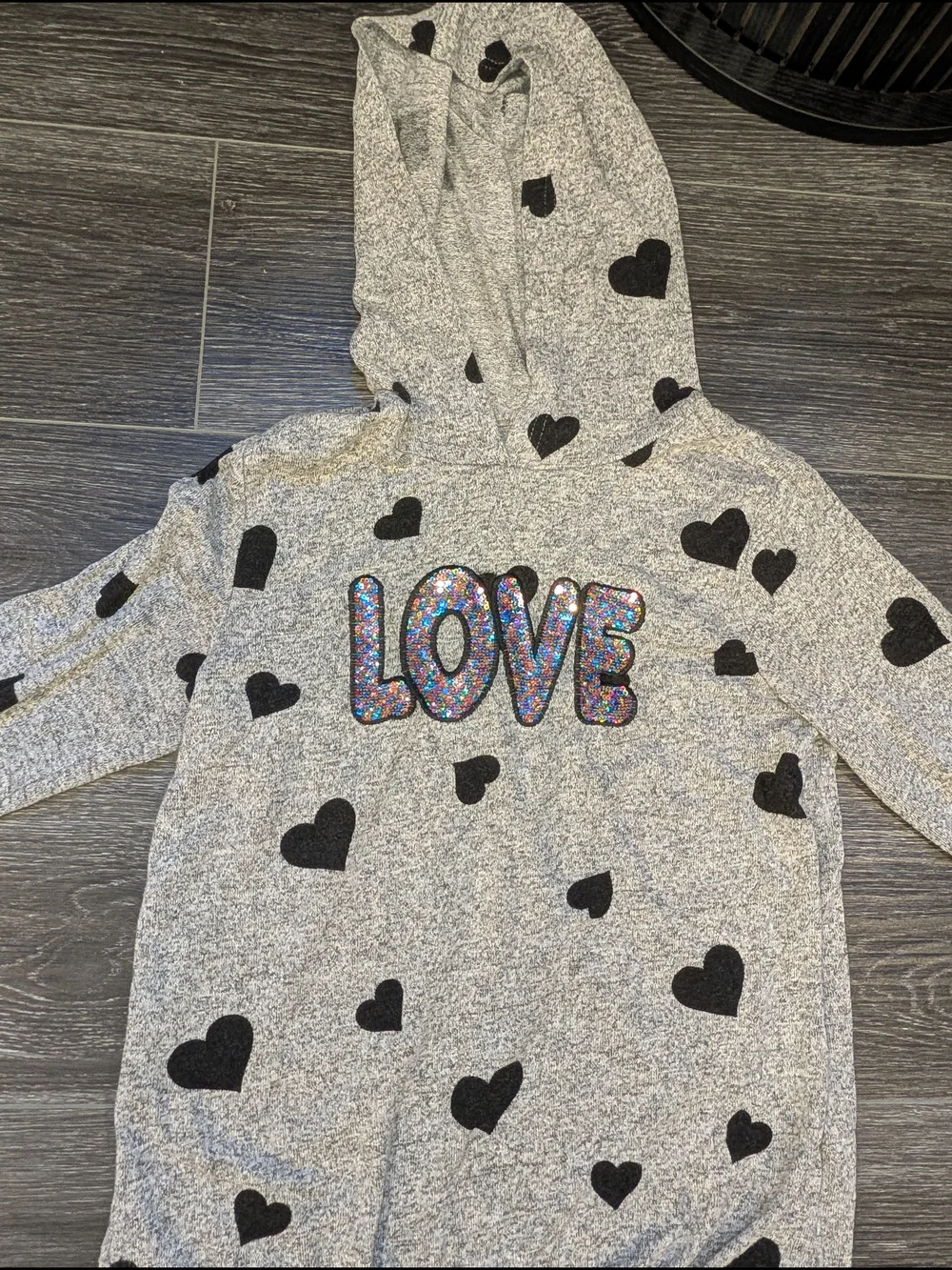 Kids Gray Hoodie Shirt with Black Hearts and Sparkle LOVE